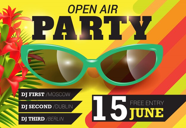 Open air, party, June fifteen lettering with green sunglasses. Summer invitation 