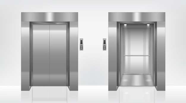 무료 벡터 사무실 복도에서 열리고 닫힌 엘리베이터 문