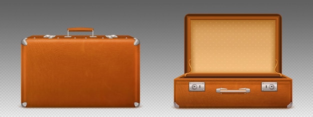 Бесплатное векторное изображение Открытый и закрытый винтажный коричневый кожаный чемодан png