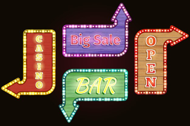Open, big sale, casino, bar retro neon sign set. Design vintage, advertising electric, illuminated sign