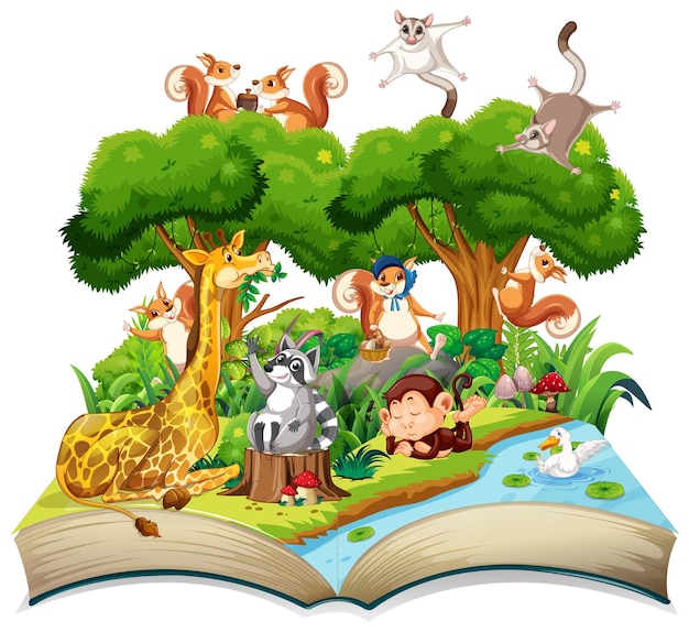 Open book forest theme with animal on white background