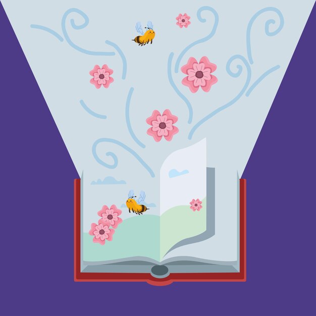 Открытая книга с пчелами и цветами