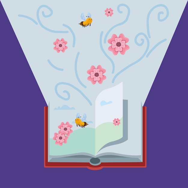 벌과 꽃이 있는 펼친 책