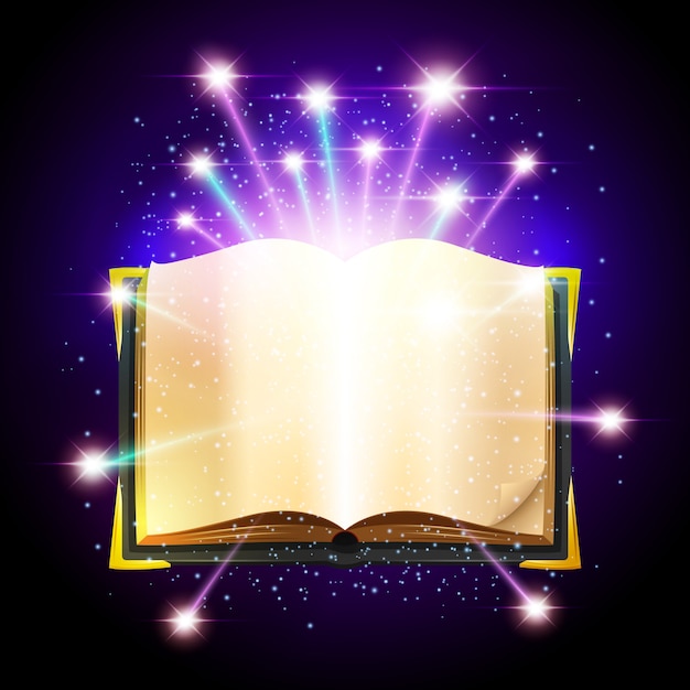 Free vector open book with blank sheets and shining magic sparks