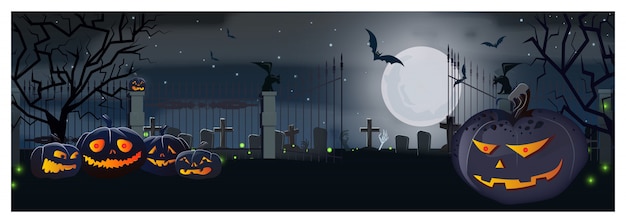 Open cemetery gate with pumpkins and bats at moon night