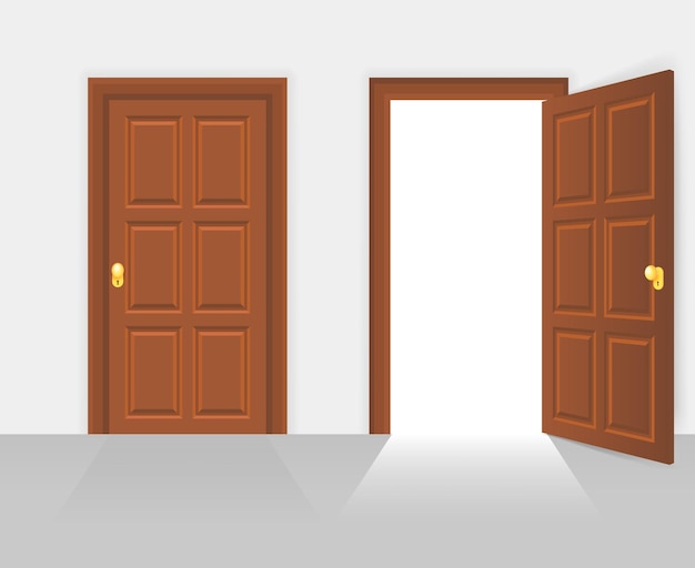 Free vector open and closed door house front. wooden open entry with shining light.