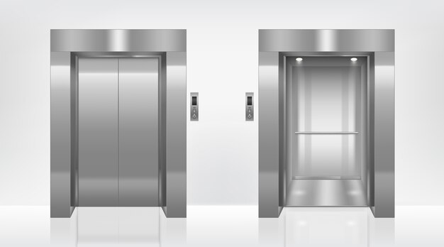 Open and closed elevator doors in office hallway
