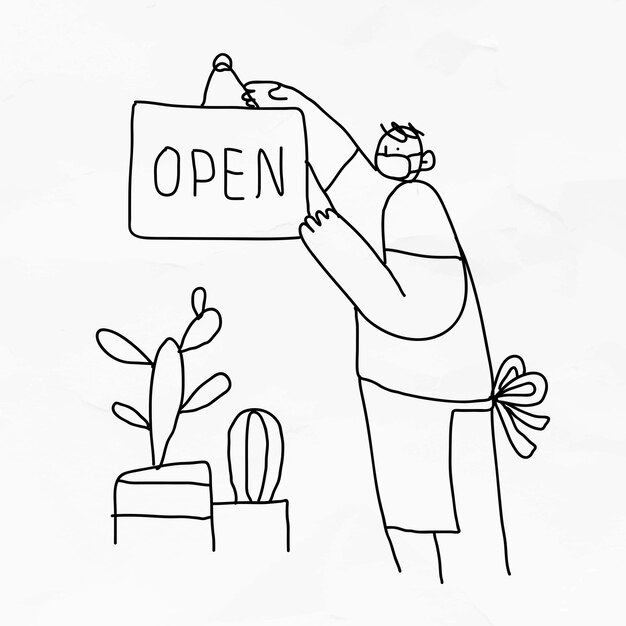 'Open' COVID-19 비즈니스 벡터 뉴 노멀 낙서 캐릭터