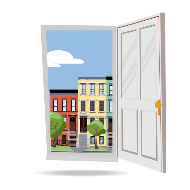 Open Door Into Day Summer City View With Green Trees On White