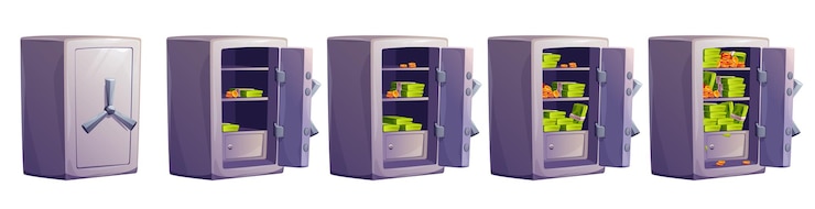 Free Vector open door safe box with money deposit vector set