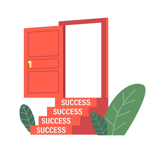 Open door to success, flung open red doorway with stairs isolated on white background. symbol of finance freedom
