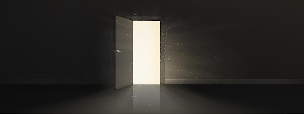 Free vector open door with bright light behind in dark room