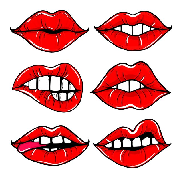 Открытый женский рот с красными губами. Набор женских губ