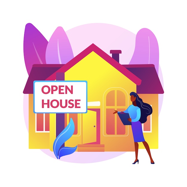 無料ベクター オープンハウスの抽象的な概念図。検査物件、売り家、不動産サービス、潜在的な買い手、ウォークスルー、ハウスステージング、間取り図のために開いています。