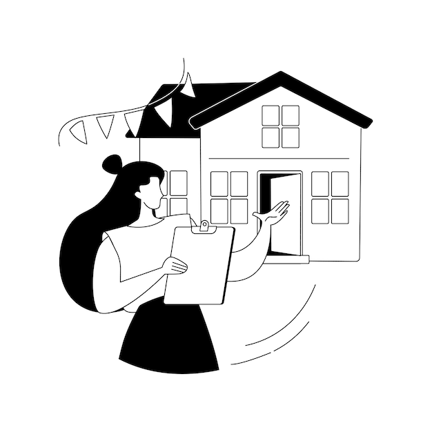 Бесплатное векторное изображение Открытый дом абстрактная концептуальная векторная иллюстрация открытый для осмотра дом для продажи недвижимость услуги потенциальный покупатель прогулка по дому постановочный план этажа абстрактная метафора