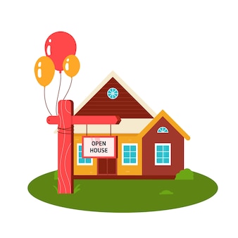 Open house sign with balloons and home