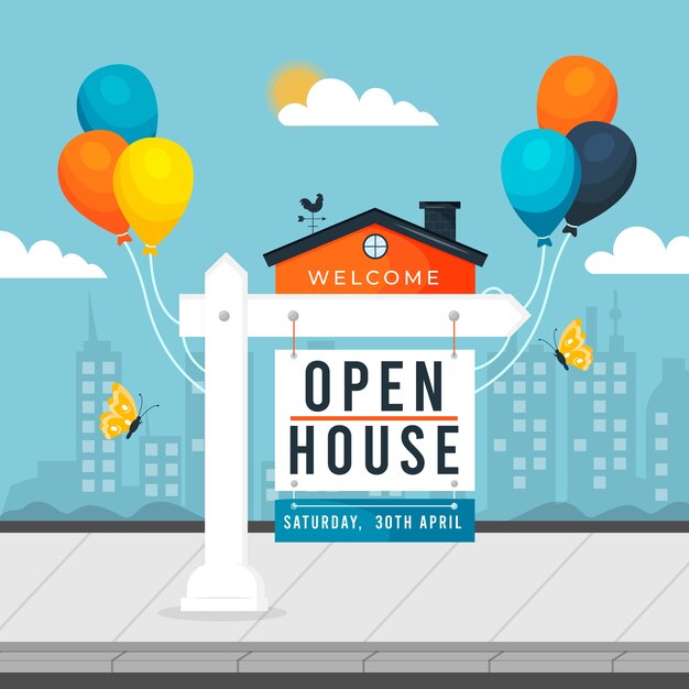 Open house sign with balloons