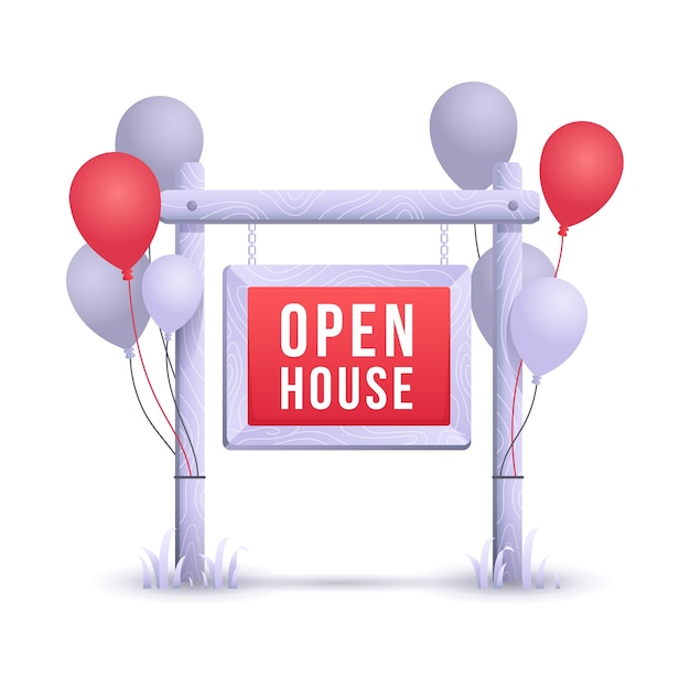 Open house with white and red balloons