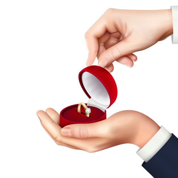 Открытая шкатулка с обручальным кольцом в руке, реалистичная композиция для подарка на свадьбу