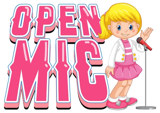 Free vector open mic logo design with singer girl cartoon character