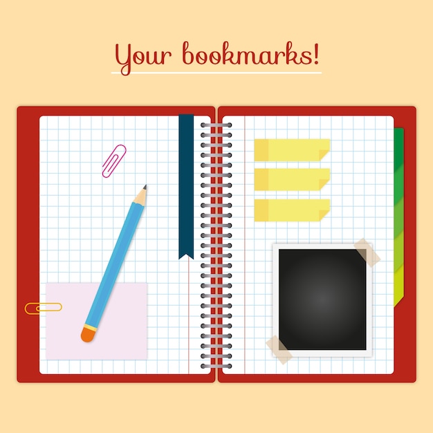 Free vector open notebook with bookmarks and other elements in flat design