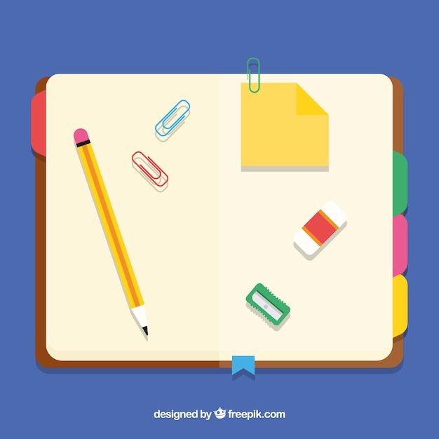 Open notebook with pencil in flat design