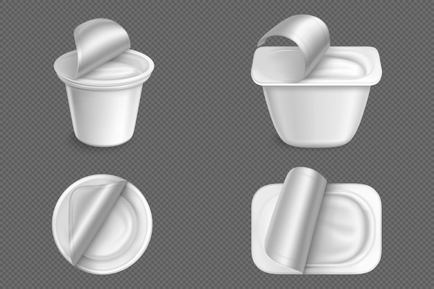 Open plastic containers with white yogurt