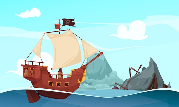 Open sea scenery with mountain, boat wreck and sailing pirate ship with flag illustration