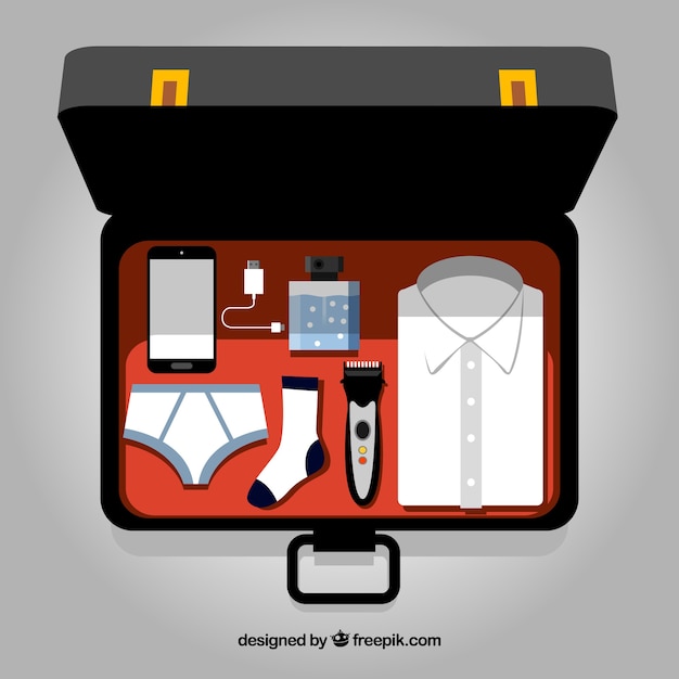 Free vector open suitcase with accessories