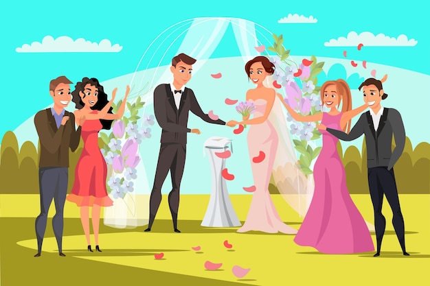 Matrimonio aperto cerimonia sposo migliore uomo damigelle d'onore personaggi dei cartoni animati celebrazione del matrimonio all'aperto nel parco con arco decorativo floreale bouquet di fiori anelli voti petali