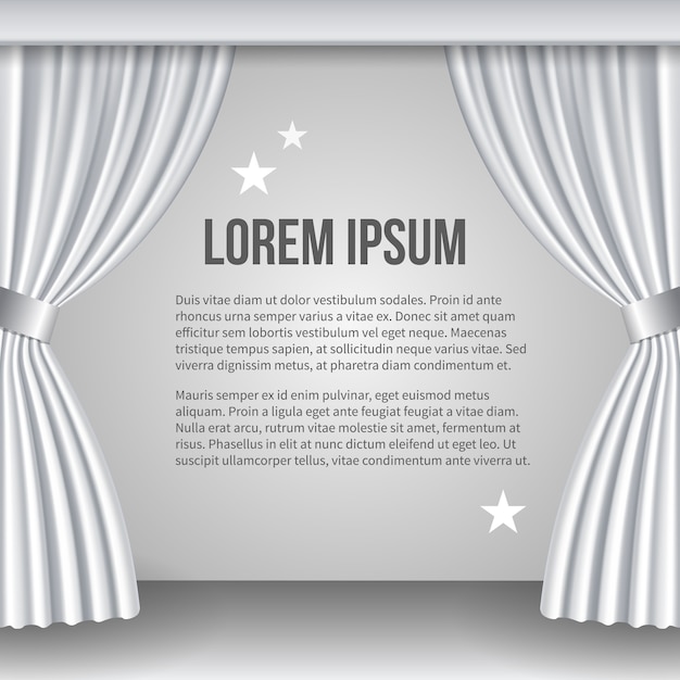 Open white curtain. Space for text. Scene and view, show and ceremony. Vector illustration