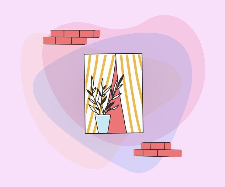 Free Vector open window with curtains and potted plant on windowsill