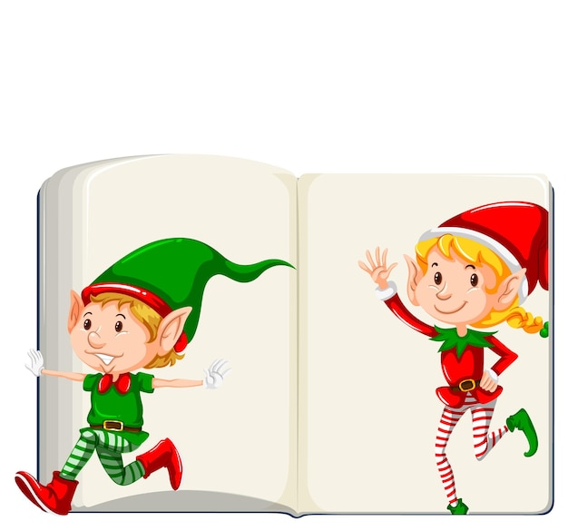 Opened blank book with elves cartoon