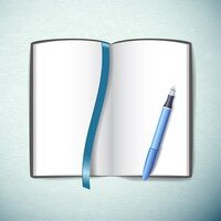 opened blank sketchbook with pen and bookmark in blue color flat