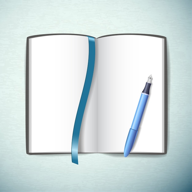 Opened blank sketchbook with pen and bookmark in blue color flat