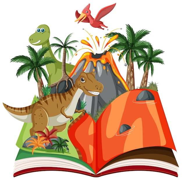 Открытая книга с динозавром в доисторическом лесу
