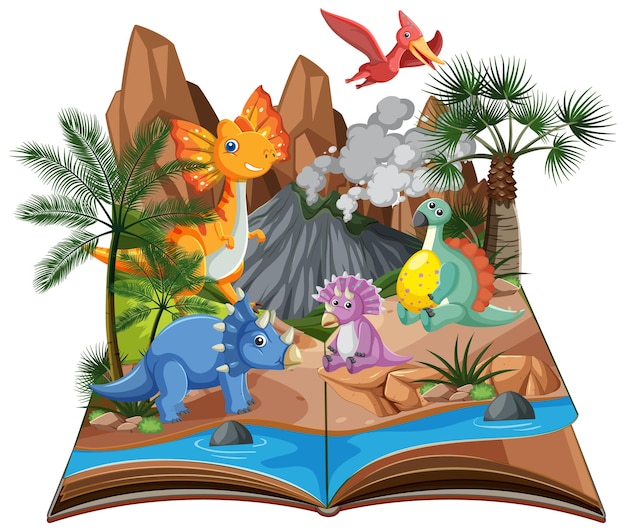 Free vector opened book with dinosaur in prehistoric forest scene