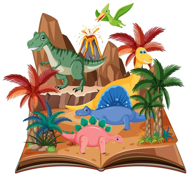 Libro aperto con dinosauro nella foresta preistorica