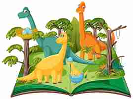 Free vector opened book with dinosaur in prehistoric forest