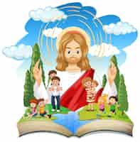 Free vector opened book with jesus christ and people