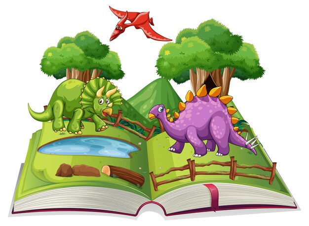 Opened book with various dinosaurs cartoon