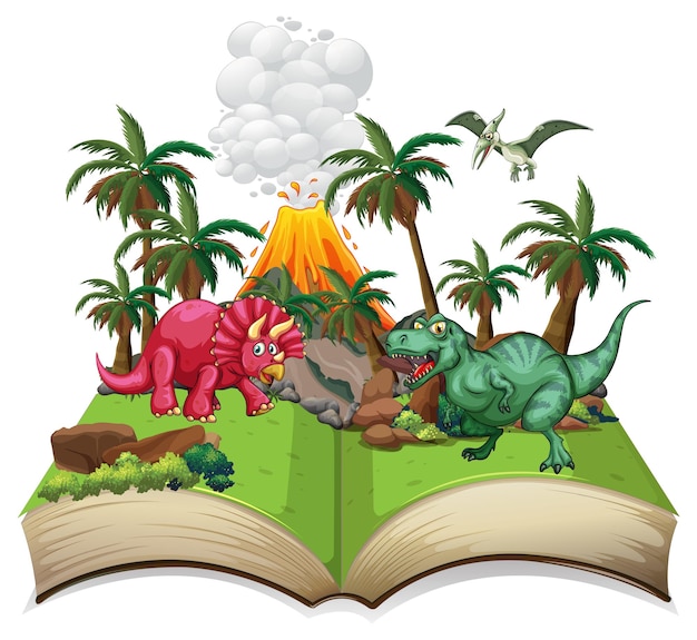 Free vector opened book with various dinosaurs cartoon