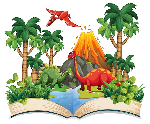 Free vector opened book with various dinosaurs cartoon