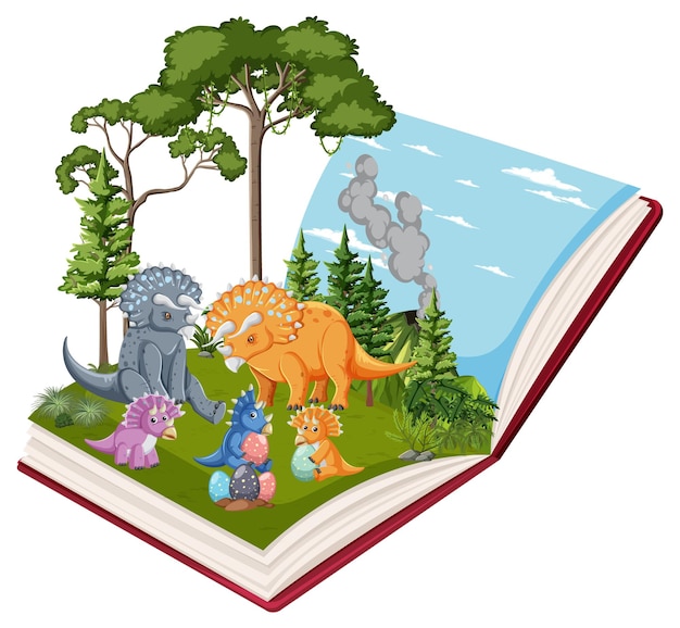 Free vector opened book with various dinosaurs in the forest