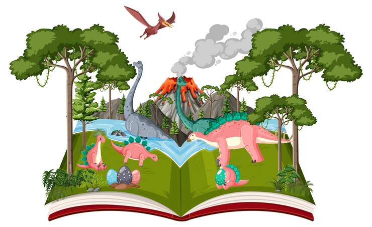 Free Vector opened book with various dinosaurs in the forest