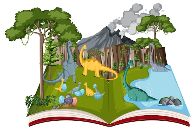 Бесплатное векторное изображение Открытая книга с различными динозаврами в лесу
