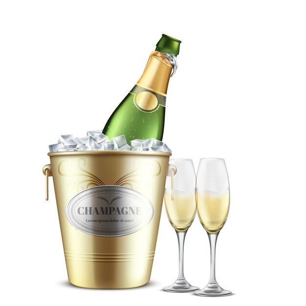 Opened bottle of champagne, white sparkling wine in restaurant, golden metal bucket with ice and two wineglasses filled with carbonated alcohol beverage realistic vector isolated