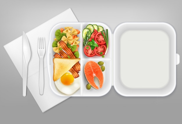 Открытая одноразовая коробка для завтрака с салатом из лосося, яйцом, беконом, ножом, вилкой из белой пластиковой посуды, реалистичная композиция, иллюстрация