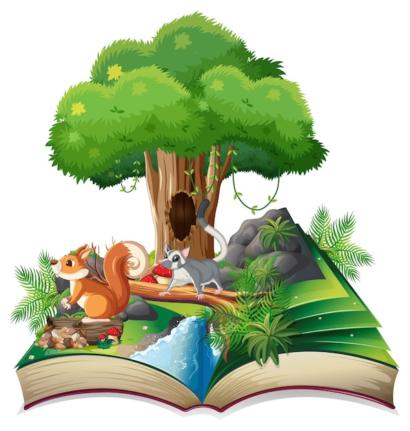 Free vector opened fantasy book with cute animals