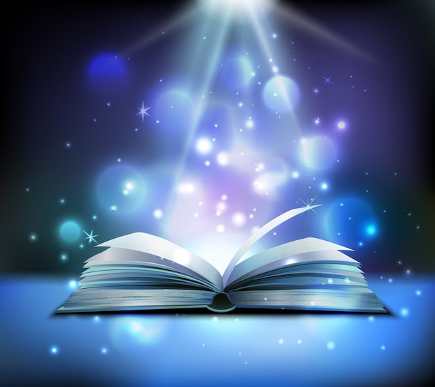 Opened magic book realistic image with bright sparkling light rays illuminating pages floating balls dark